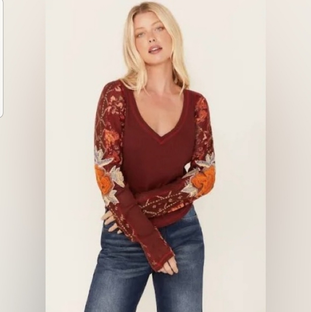 NWT Free People Amara Embroidered Long Sleeve Top XL new with tags